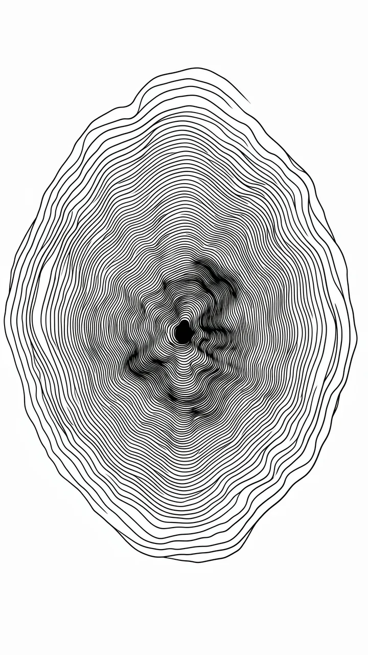 Dense black ink topographic contour lines form a deep basin pattern on a plain white background