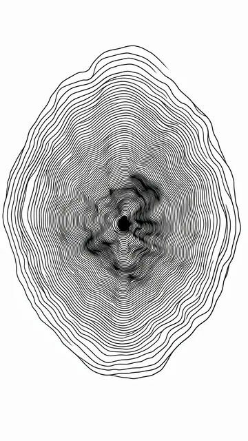 Dense black ink topographic contour lines form a deep basin pattern on a plain white background