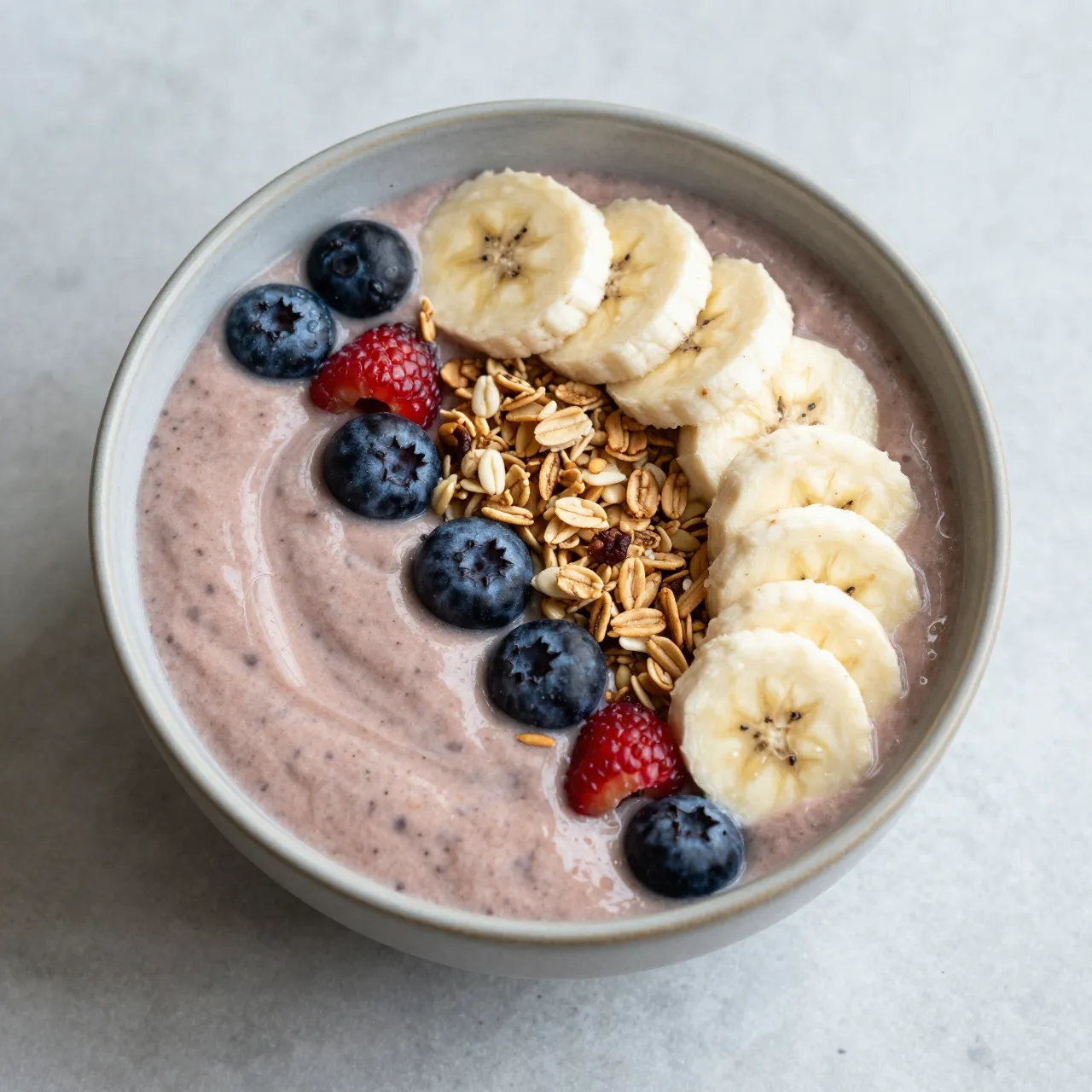 Top down view of a smoothie bowl topped with banana slices, blueberries, raspberries, and granola on a light gray countertop