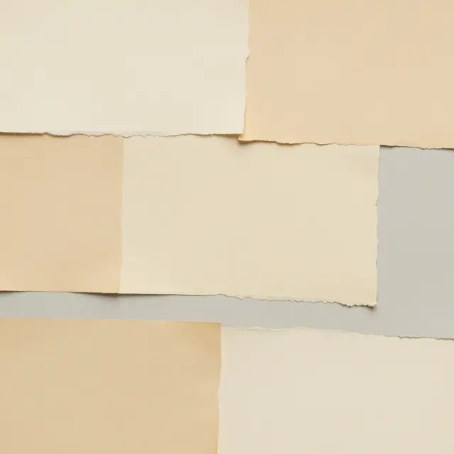 Overlapping layered torn blank aged paper scraps in cream, tan, and pale gray tones