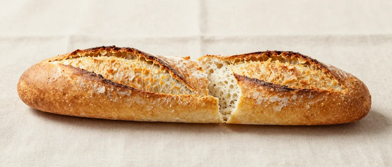 A crusty sourdough baguette torn in half rests flat on a neutral linen tablecloth.