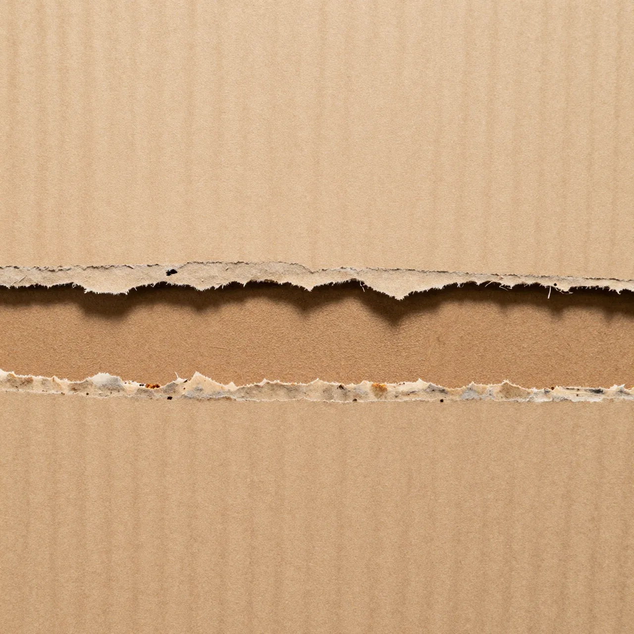Full frame close-up of torn brown corrugated cardboard with ragged layered edges and even lighting