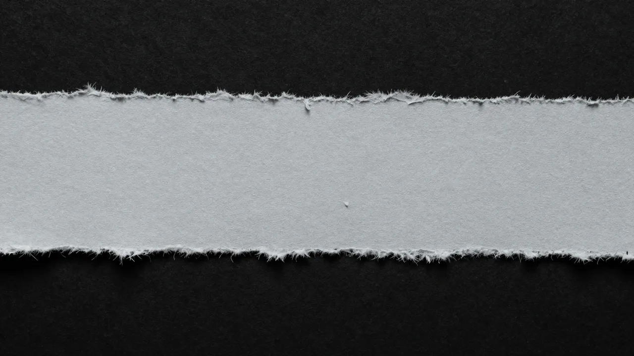 A long pale gray torn paper strip with fibrous feathered edges sits against a solid black background.
