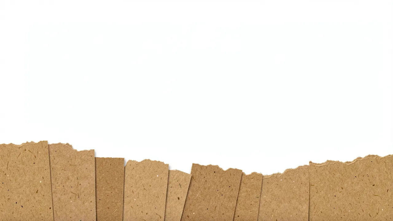 Layered torn kraft paper strips line the bottom edge of a blank white background with empty copy space above.