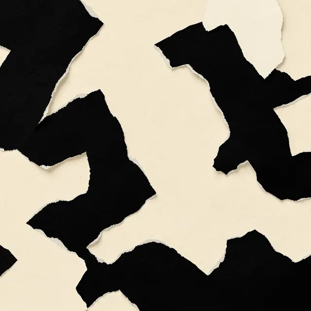 Overlapping ragged torn black and cream paper shapes arranged on a light cream background