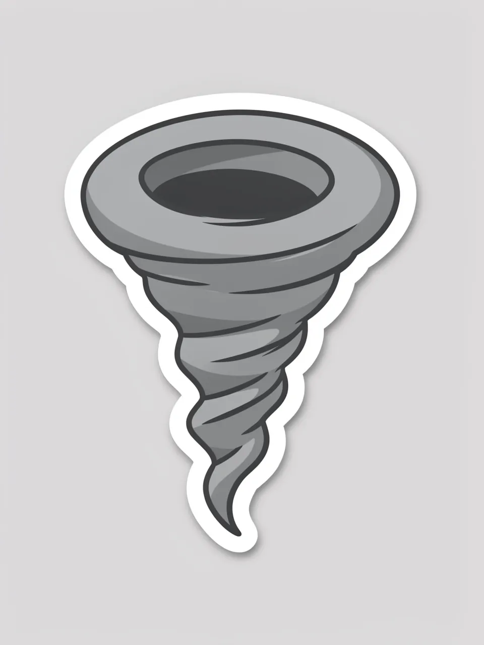 Cute flat illustration of a swirling gray tornado sticker with a thick white border on a light gray background