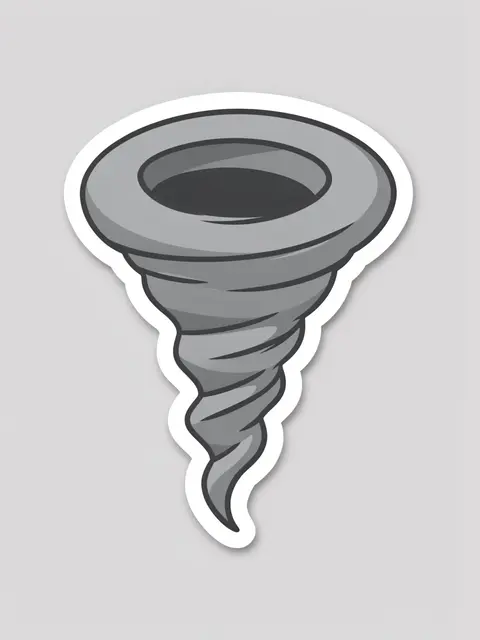 Cute flat illustration of a swirling gray tornado sticker with a thick white border on a light gray background