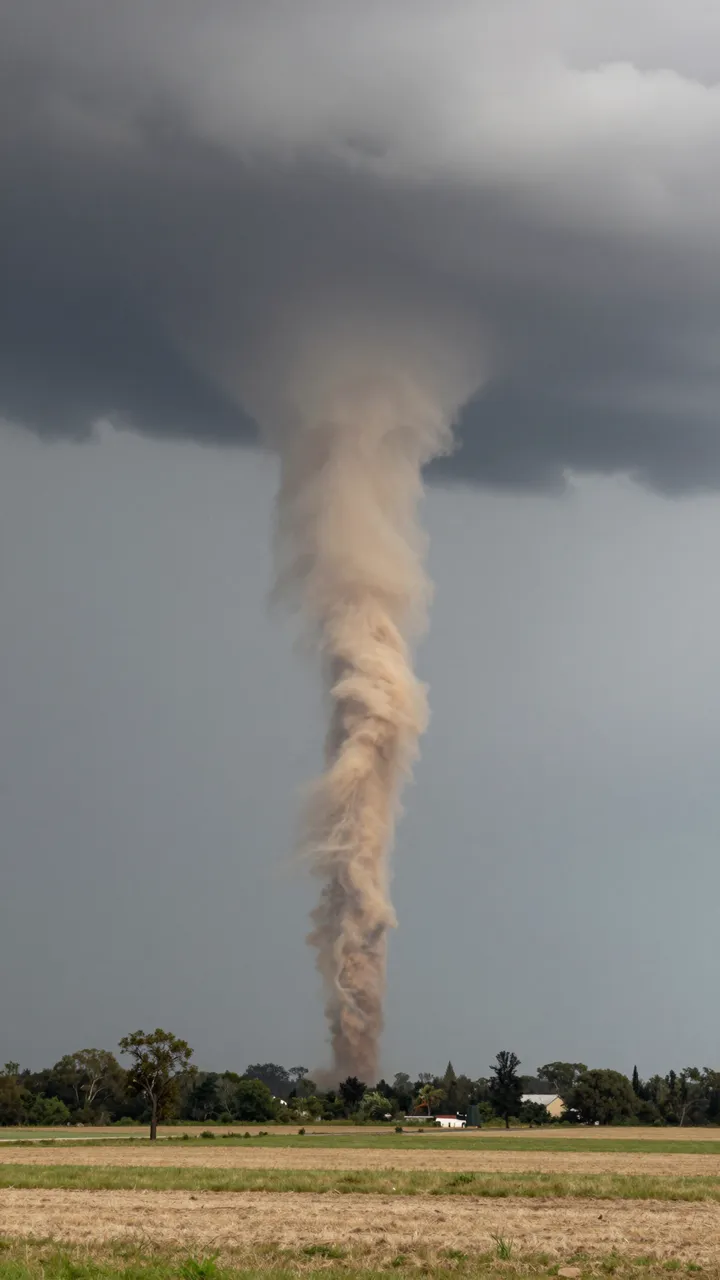 A dust-churned tornado funnel descends from a dark storm cloud above flat rural farm fields.