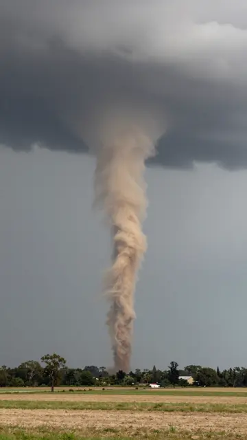 A dust-churned tornado funnel descends from a dark storm cloud above flat rural farm fields.