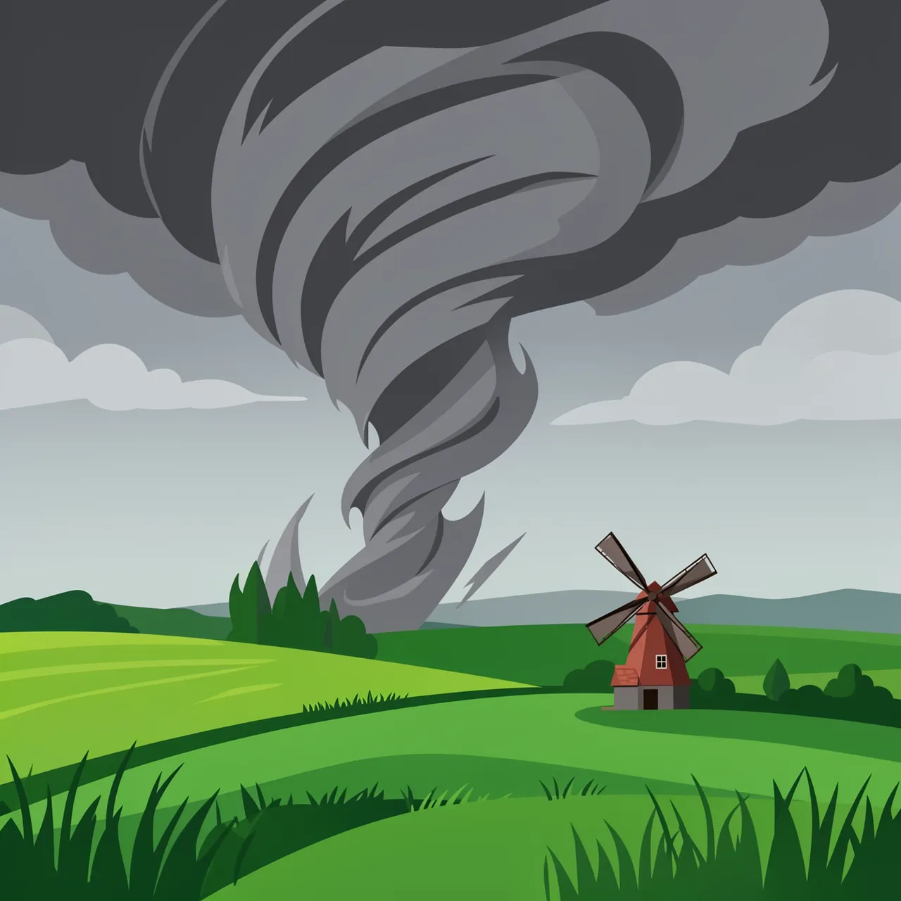 Gray tornado twists across green farm fields near a small red windmill under stormy skies