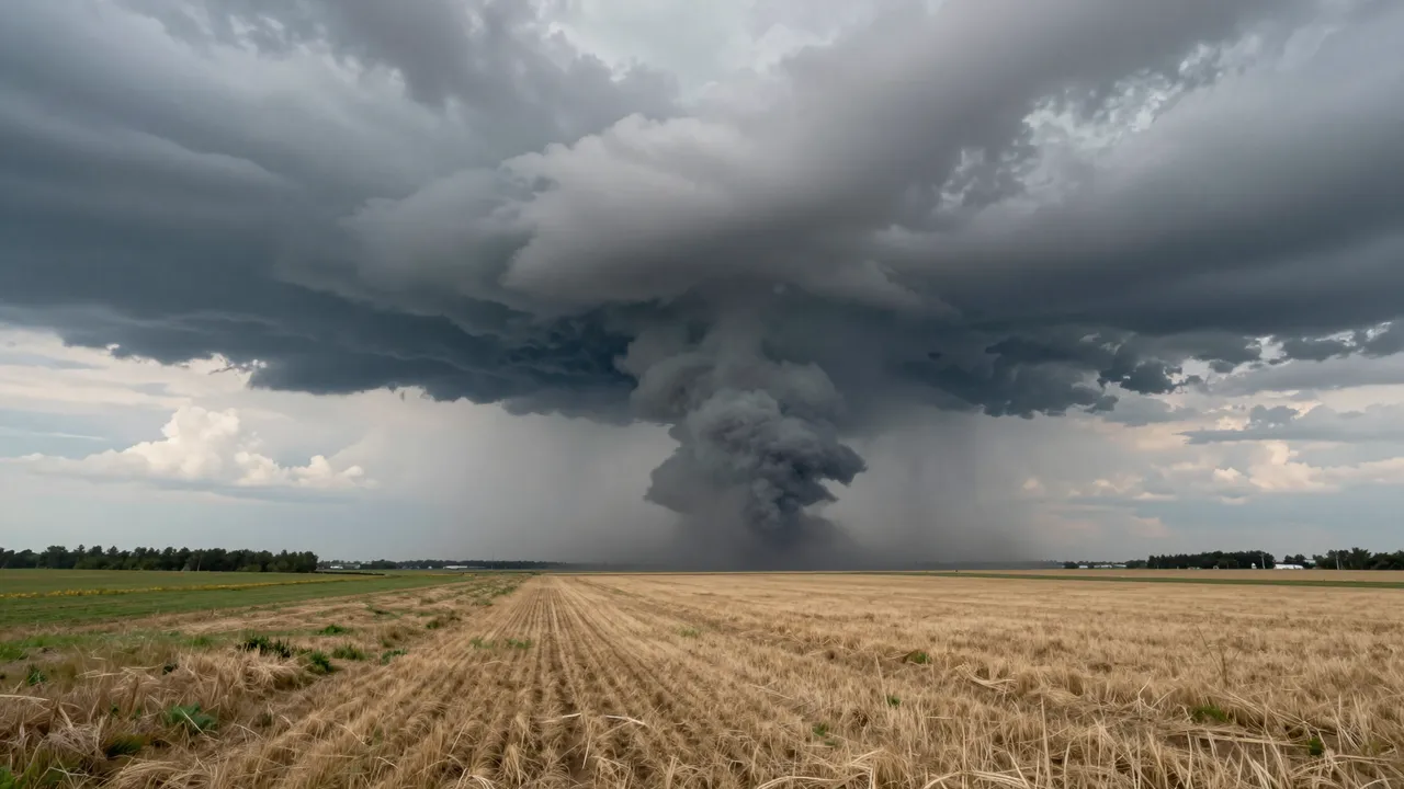 A distant tornado funnel descends from dark storm clouds over harvested open farm fields