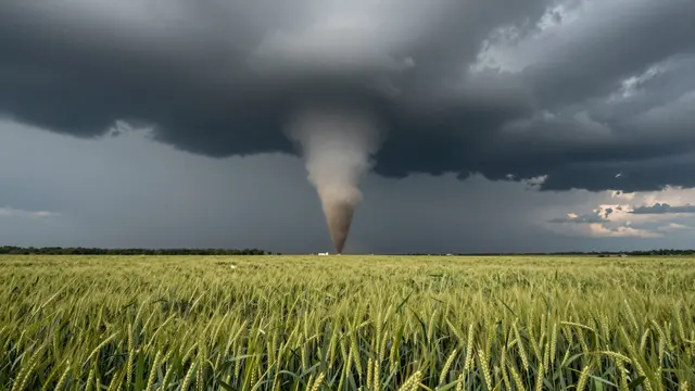 A cone tornado touches down across a lush green wheat field beneath a dark churning storm sky