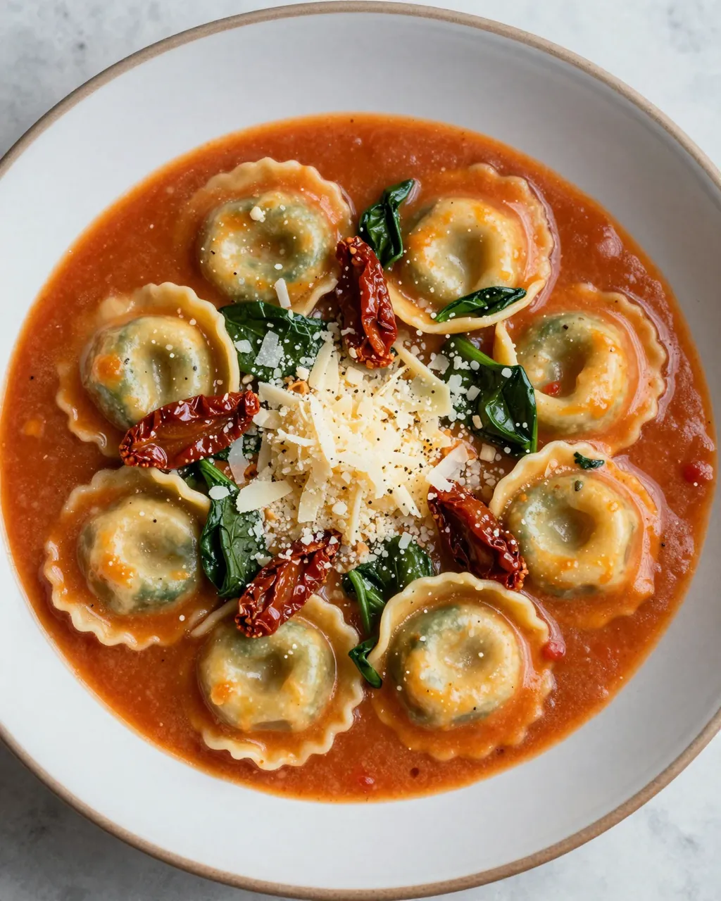 Overhead view of spinach ravioli soup with spinach, sun-dried tomatoes and parmesan in a speckled rimmed bowl on marble.