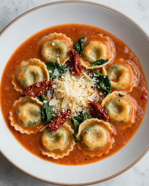Overhead view of spinach ravioli soup with spinach, sun-dried tomatoes and parmesan in a speckled rimmed bowl on marble.