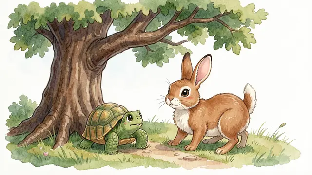 Watercolor storybook illustration of a tortoise and brown hare resting beneath an oak tree on grassy ground