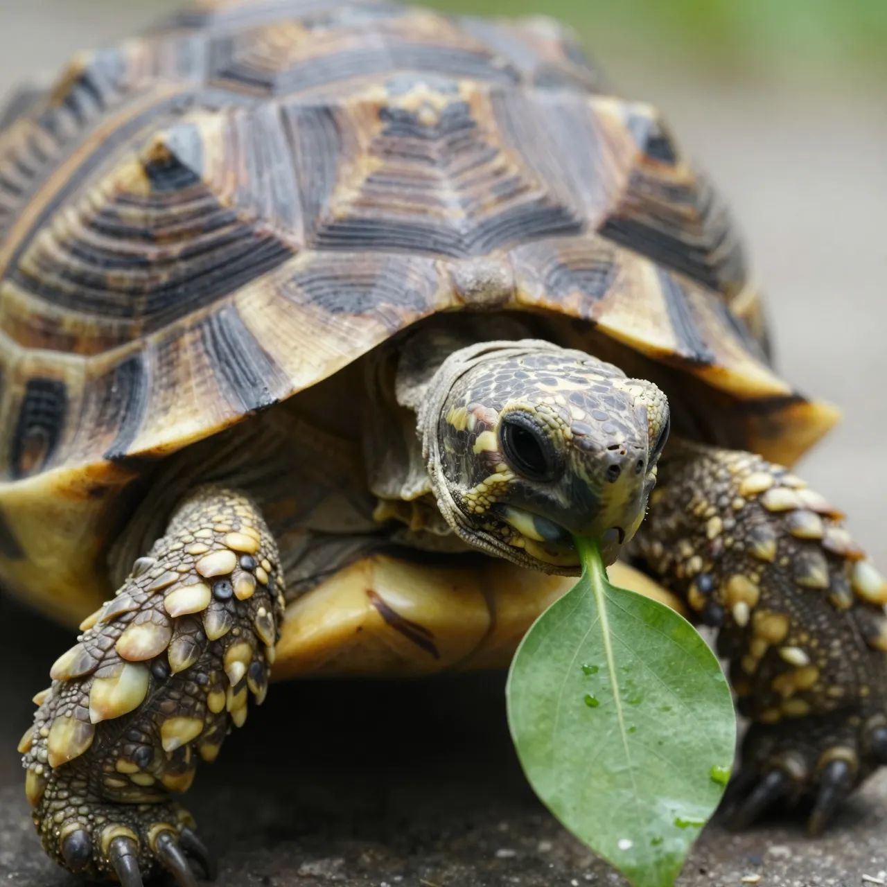 A close-up of a small tortoise holding and eating a fresh green leaf on a ground surface