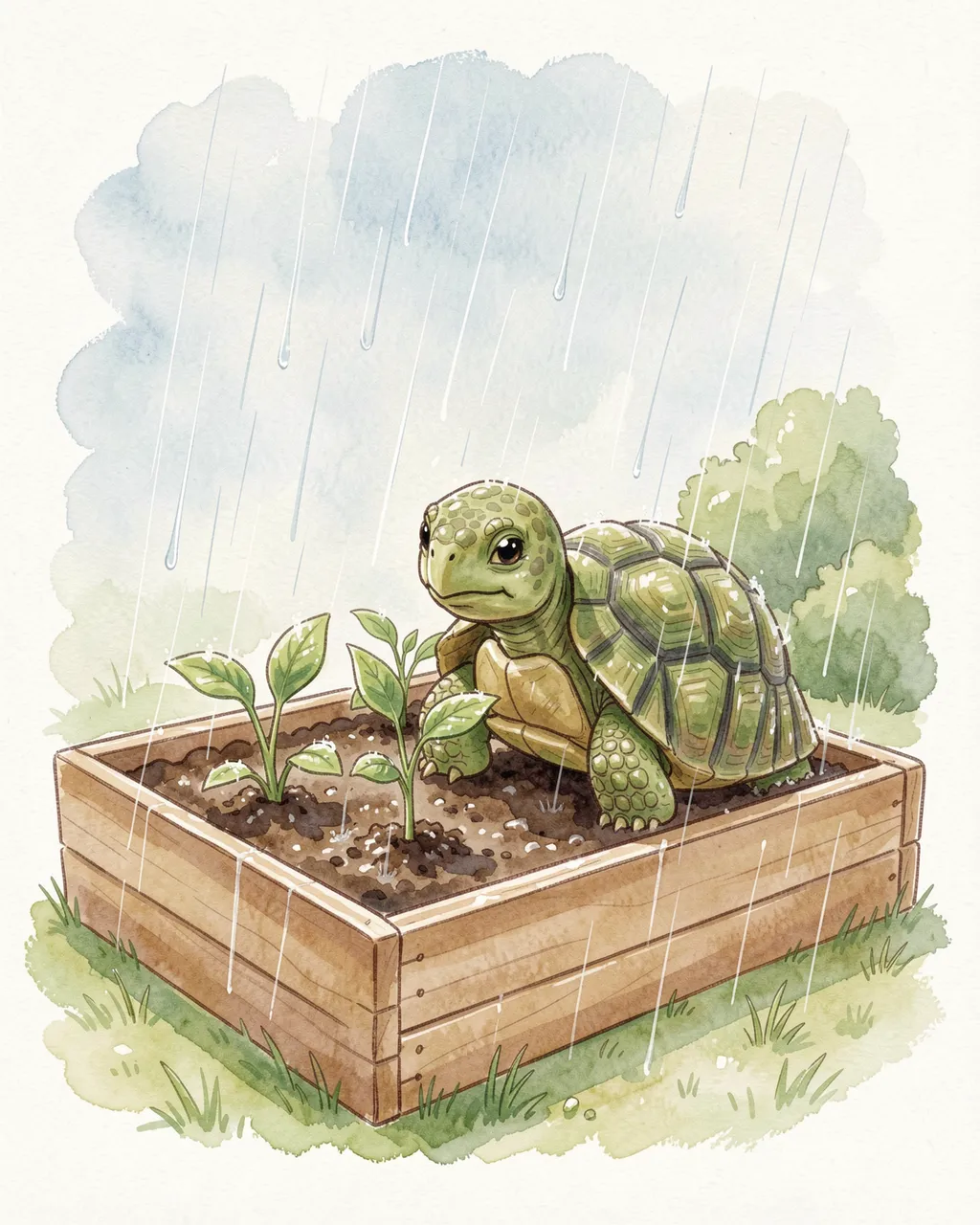 A cute watercolor tortoise tends to seedlings in a wooden raised garden bed during a light spring rain shower