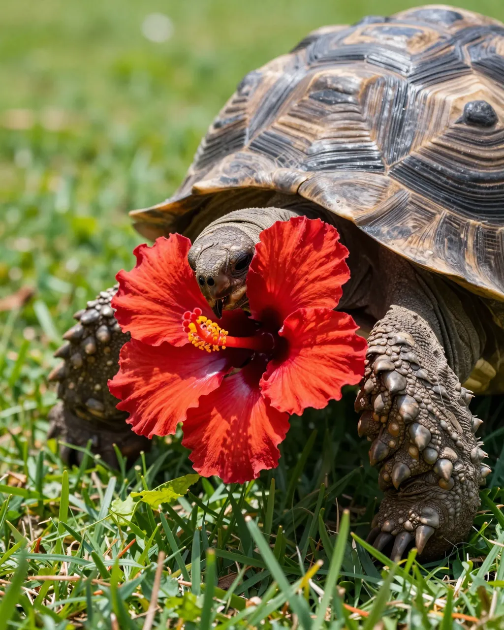 Close-up of a tortoise nibbling a bright red hibiscus flower on sunny green grass