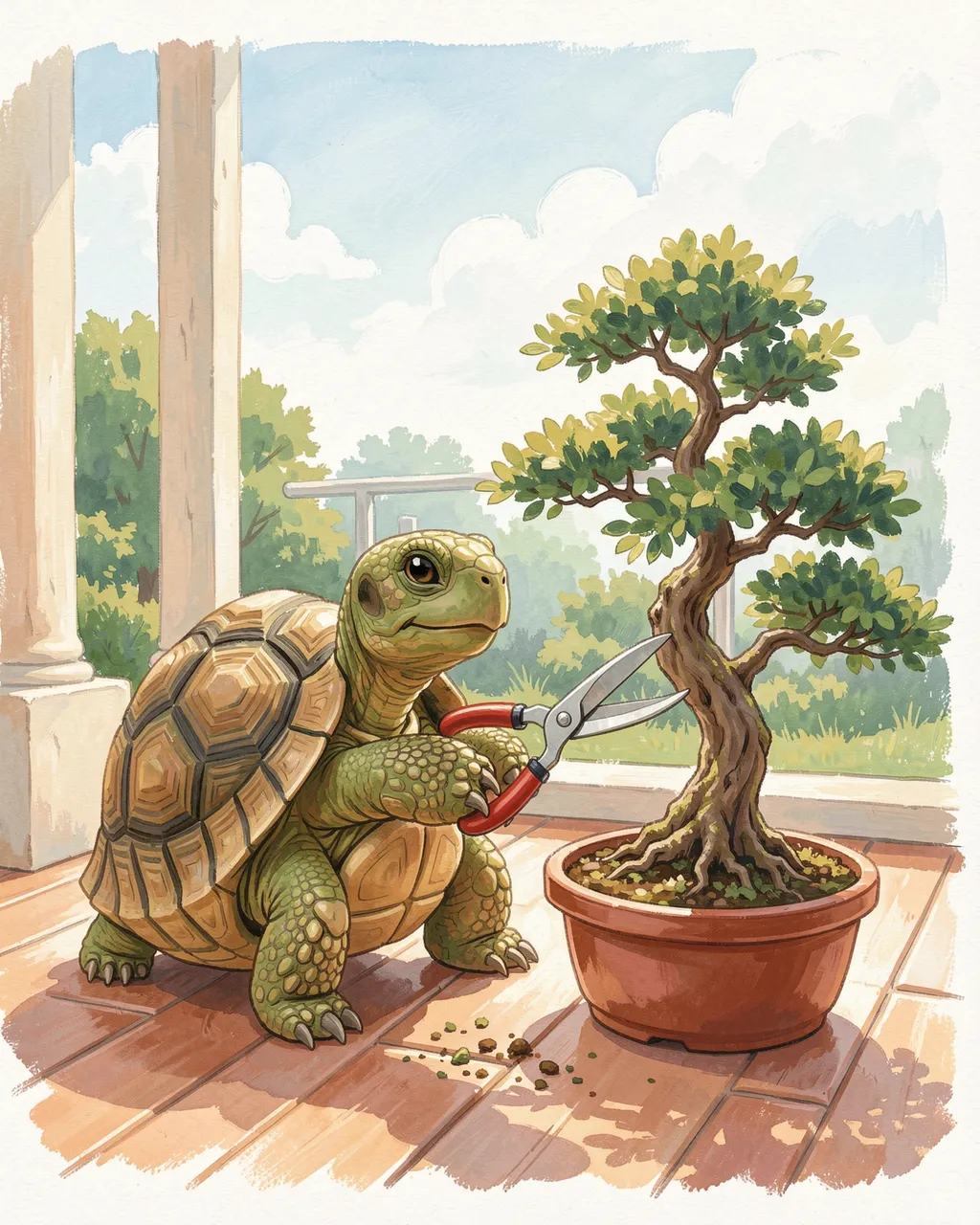 A cute gouache illustration of a tortoise holding pruning shears to trim a bonsai tree on a sunny wooden veranda.