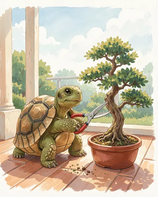 A cute gouache illustration of a tortoise holding pruning shears to trim a bonsai tree on a sunny wooden veranda.