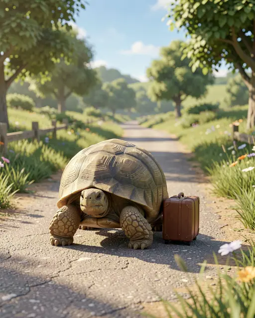 A chubby tortoise stands next to a small brown suitcase on a sunny rural paved path.