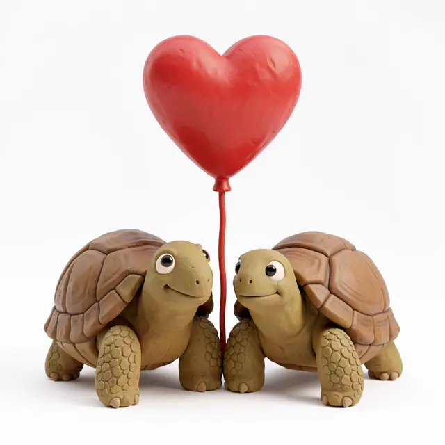 Two cute clay-style tortoises stand side by side beneath a red heart balloon against a plain white background