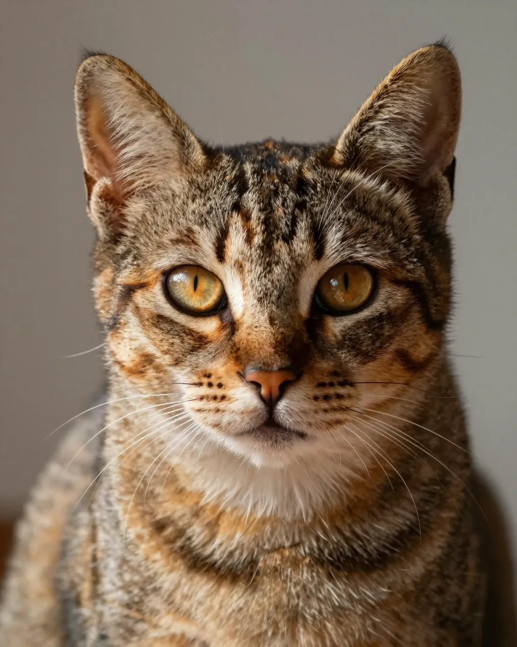 Close-up portrait of a tortoiseshell tabby cat looking directly at the camera with warm amber eyes