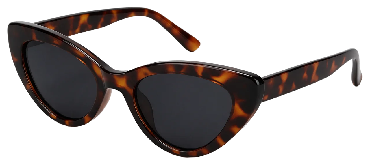 Open tortoiseshell cat-eye sunglasses with dark lenses viewed from a slight front angle