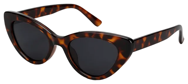 Open tortoiseshell cat-eye sunglasses with dark lenses viewed from a slight front angle