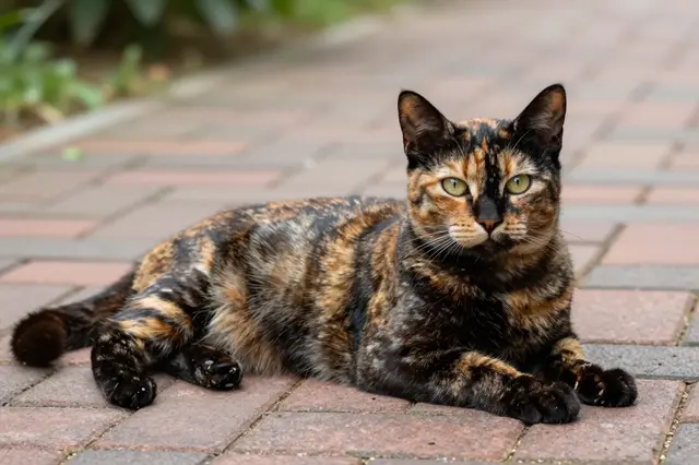 A tortoiseshell cat with mottled black and ginger fur lies on a sunny garden brick path looking at the camera.