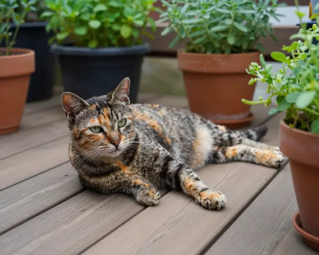 A tortoiseshell tabby cat lies relaxed on a wooden deck surrounded by potted herb plants.