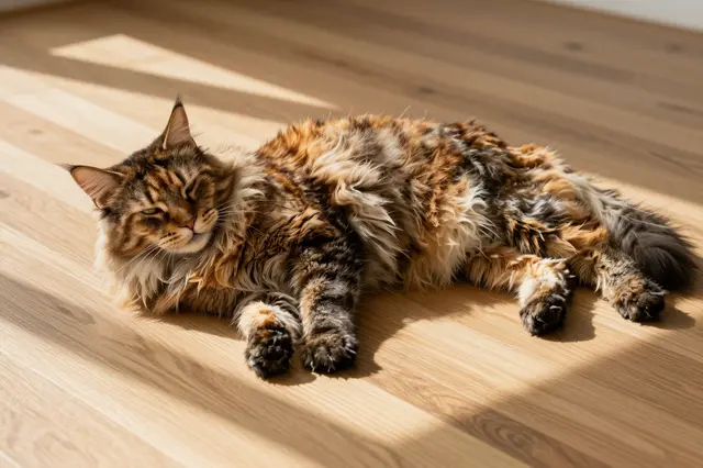 A long-haired tortoiseshell Maine Coon cat relaxes half-asleep on sunlit oak floorboards.