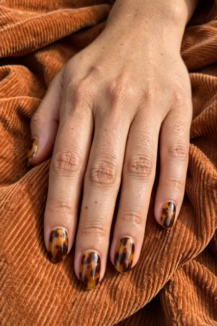 A woman's hand with glossy tortoiseshell nail art rests on rust colored corduroy fabric.