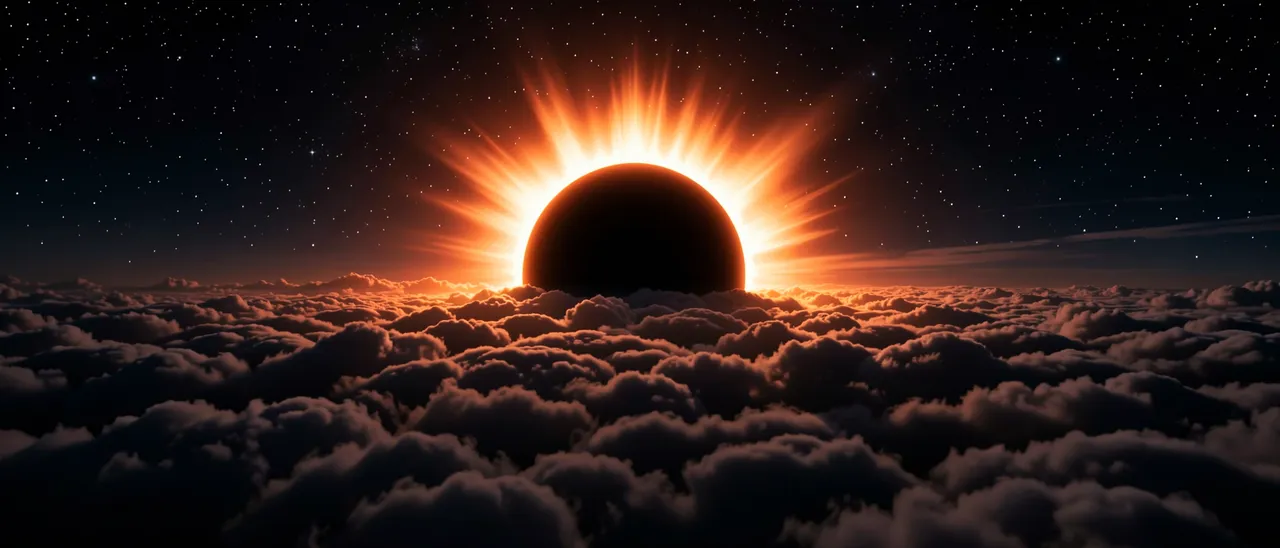 Glowing total solar eclipse corona rises above a dark sea of clouds under a starry night sky