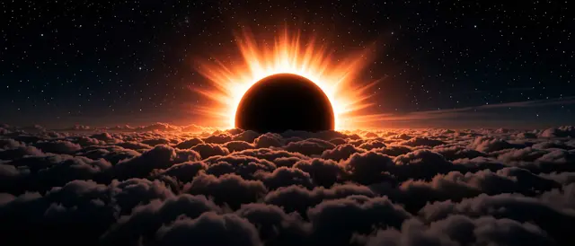 Glowing total solar eclipse corona rises above a dark sea of clouds under a starry night sky