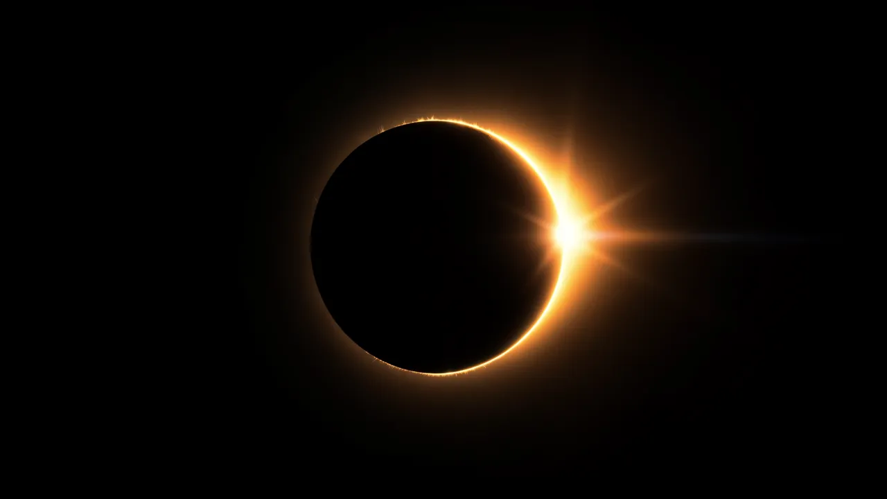 A total solar eclipse shows a single bright diamond bead of sunlight flaring at the edge of the dark silhouetted moon.