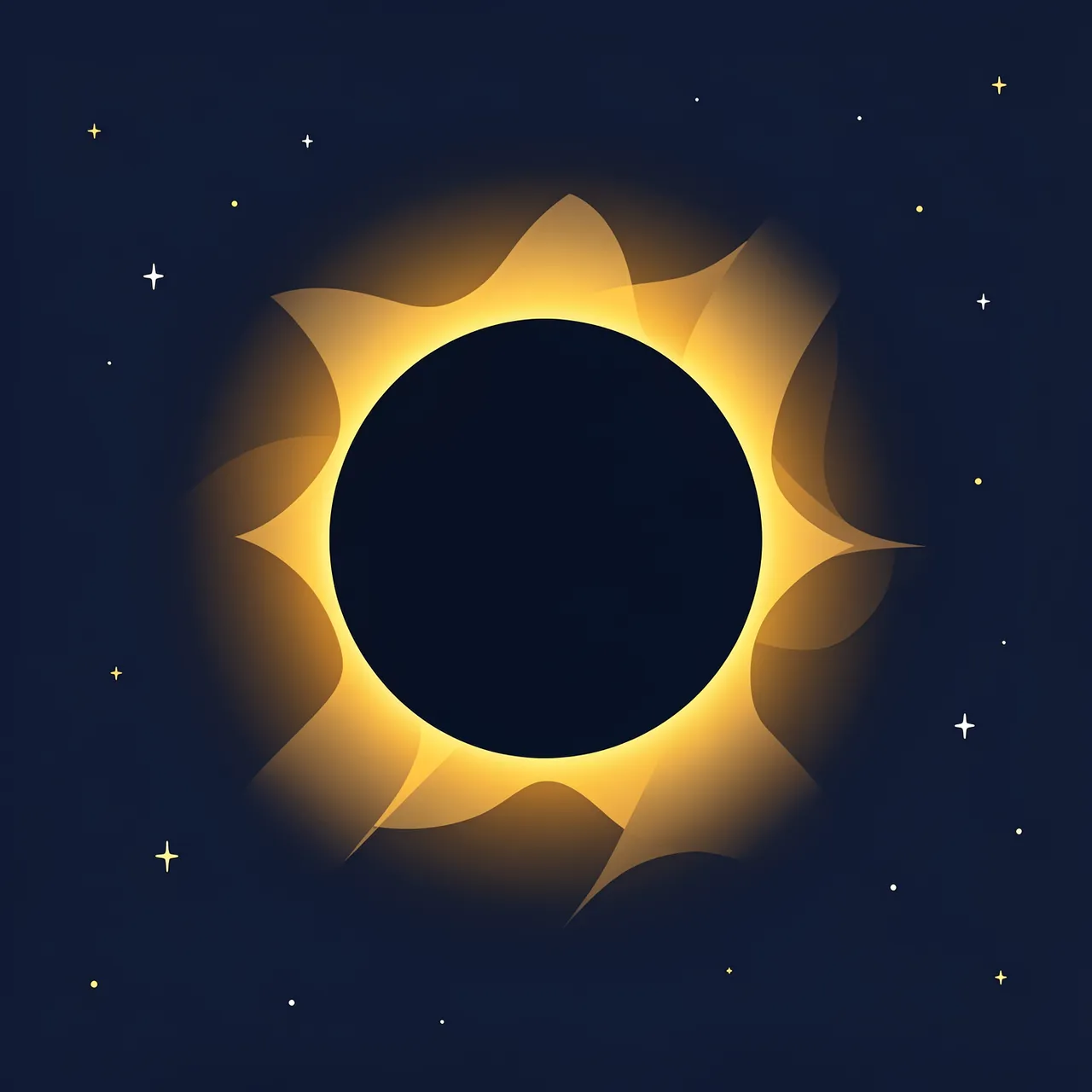 Minimal flat vector illustration of a solar eclipse with golden corona against a starry navy background