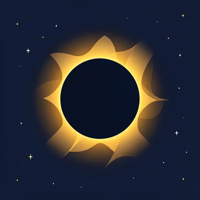 Minimal flat vector illustration of a solar eclipse with golden corona against a starry navy background