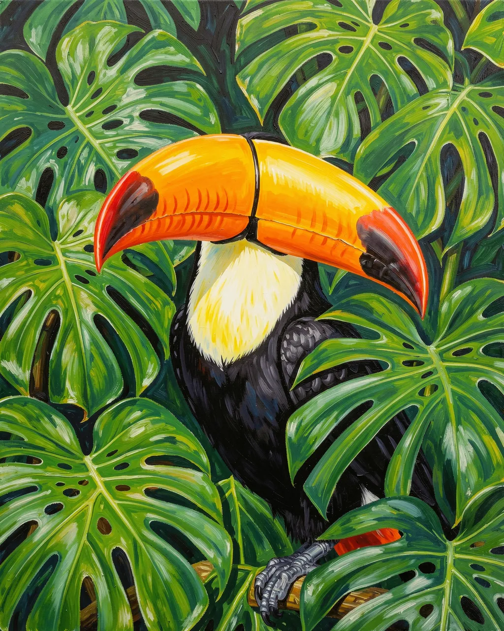 Vibrant acrylic painting of a toucan with a bright orange beak perched among lush green monstera leaves