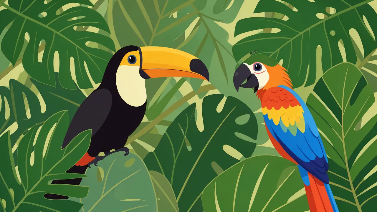Flat illustration of a toucan and a colorful macaw perched among large monstera jungle leaves