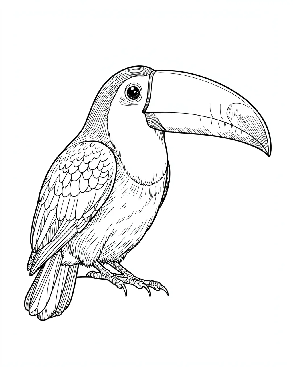 Detailed single-weight black line art drawing of a toucan perched against a plain white background