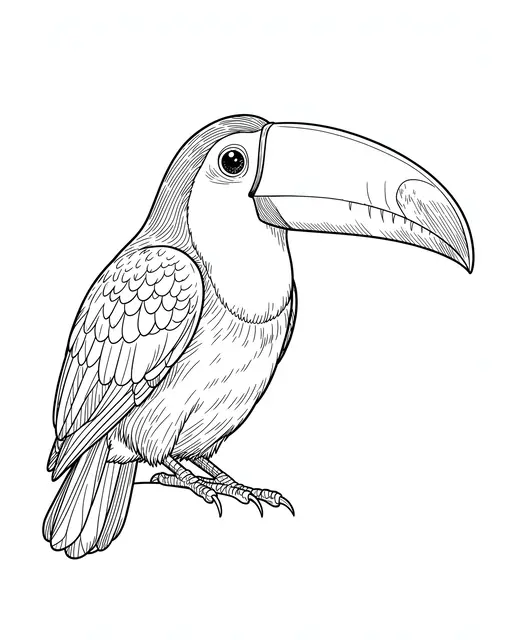Detailed single-weight black line art drawing of a toucan perched against a plain white background