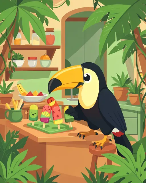 A cute cartoon toucan stands at a tiny jungle kitchen table preparing colorful fruit popsicles.