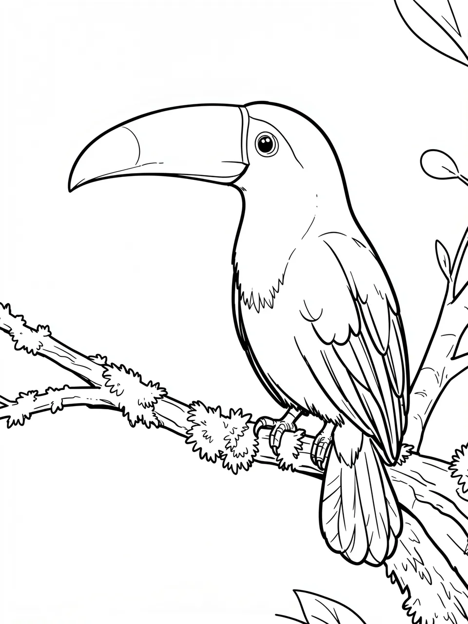 Black and white bold line art of a toucan perched on a mossy branch on a plain white background