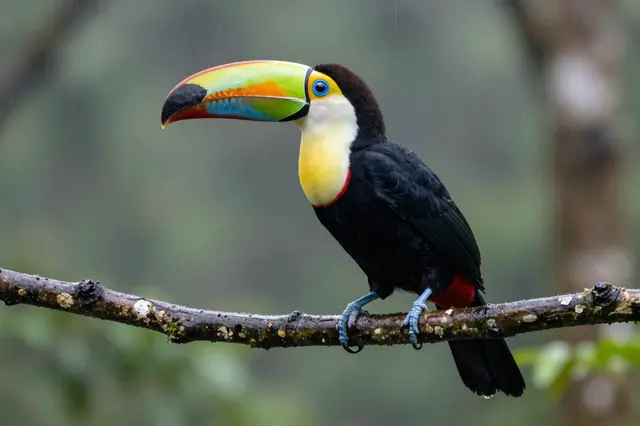A colorful keel-billed toucan grips a wet branch while falling rain surrounds it in a misty cloud forest.