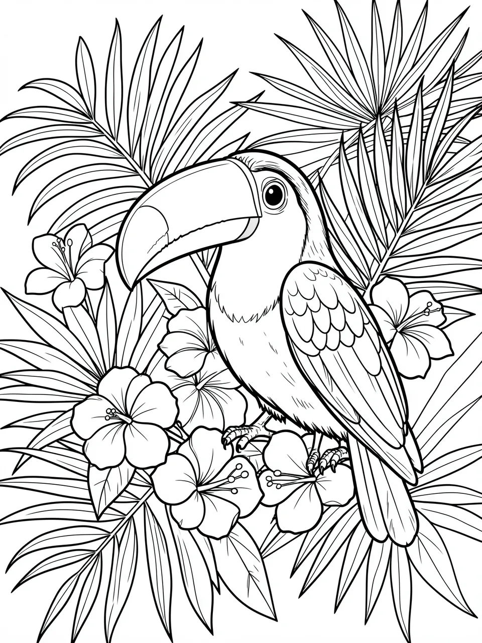 Black and white line art of a toucan perched among hibiscus flowers and palm leaves on a white background