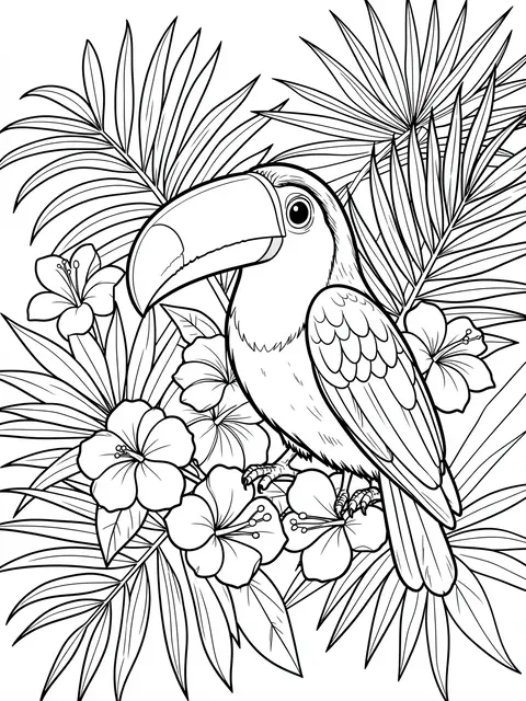 Black and white line art of a toucan perched among hibiscus flowers and palm leaves on a white background