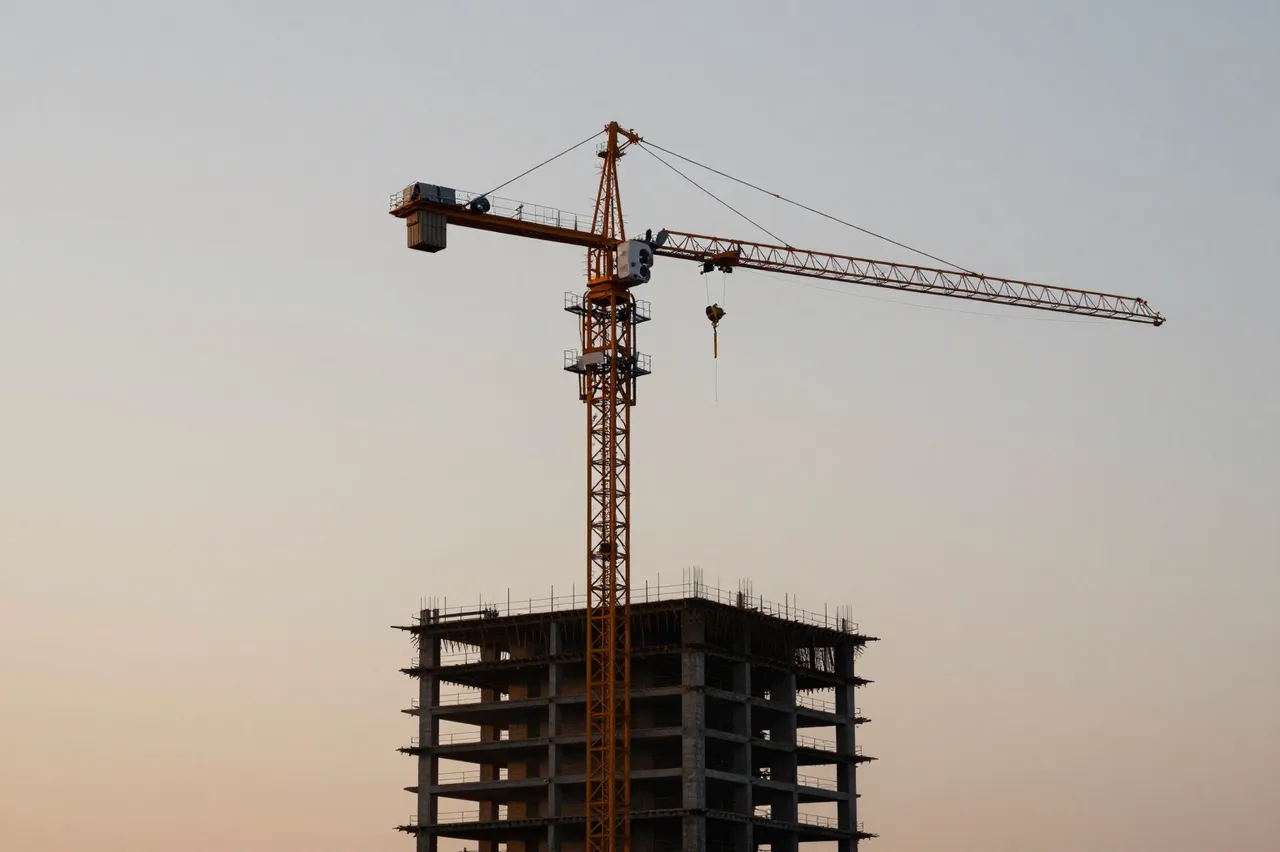 Yellow tower crane stands beside an unfinished concrete high-rise against a pale gradient sunrise sky