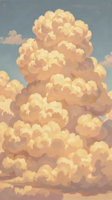 Oil painting of tall stacked cumulus clouds in blush and butter yellow against a soft blue sky