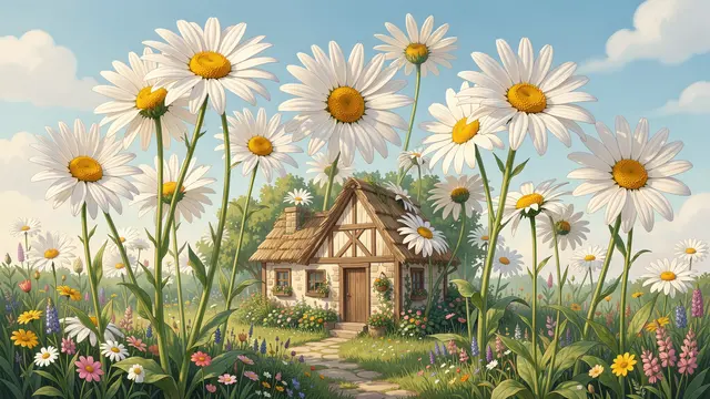 Giant surreal daisies stand tall shading a tiny thatched cottage surrounded by a colorful flower garden